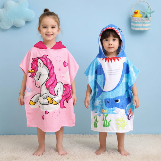 Cartoon Kids Hooded Cape Towel - Quick-Dry Beach & Bathrobe - Fun Unicorn Shark Dinosaur Print for Children