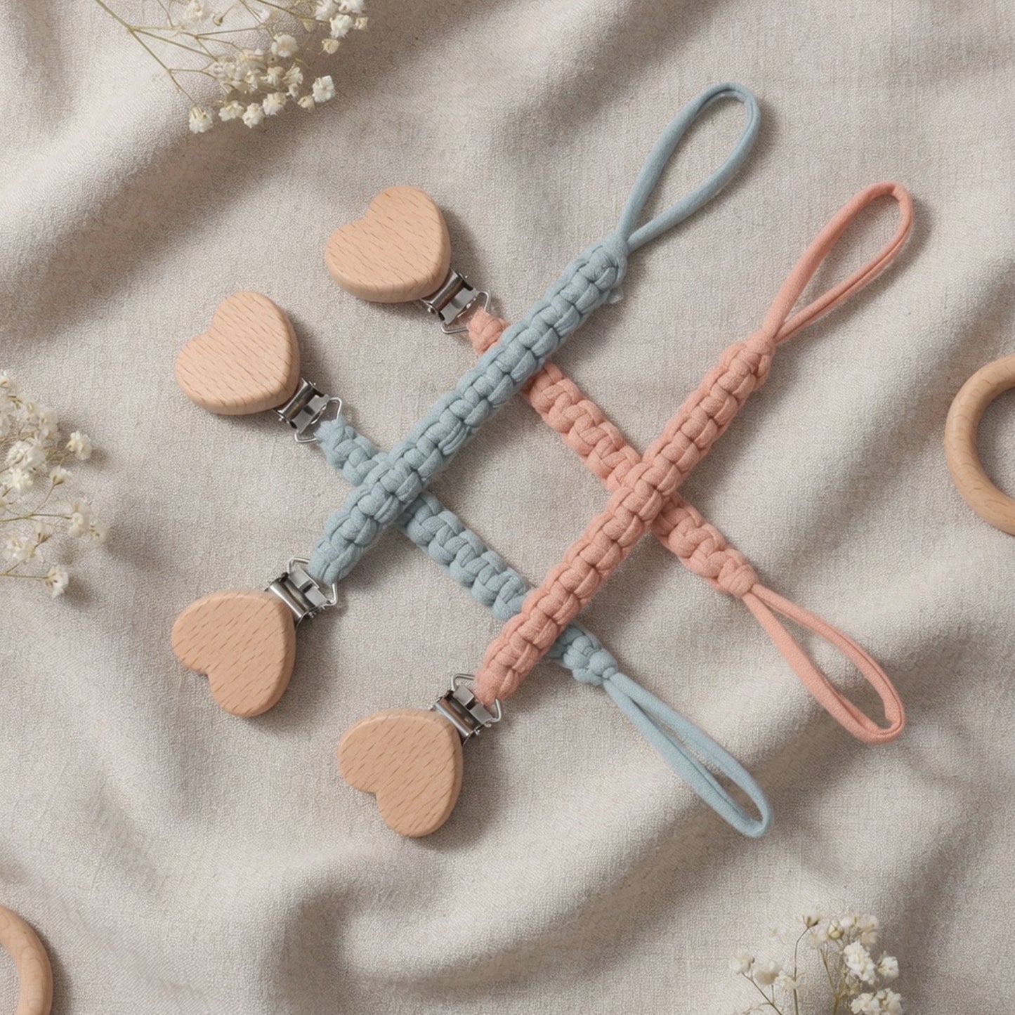 Personalized Wooden Baby Pacifier Clip - Custom Name Cloth Weaving Dummy Holder - Safe Newborn Teether Pendant Gift