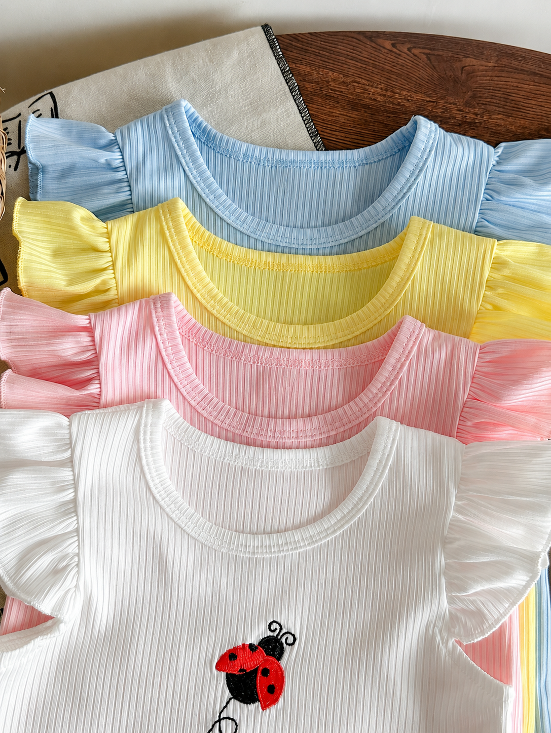 8-Piece Multi-Color Ribbed Short Sleeve Top and Shorts Set for Baby Girls