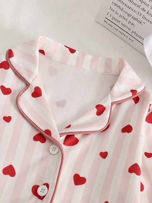 Baby Girl Heart and Stripe Print Long Sleeve Top and Pants Pajama Set - Fall Winter Outfits for Toddlers