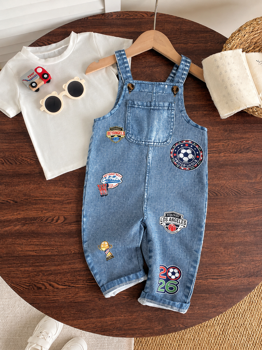 Cute Cartoon Print Denim Jumpsuit for Baby Boys: Dinosaur, Car & Letter Design