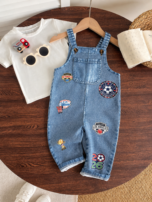Cute Cartoon Print Denim Jumpsuit for Baby Boys: Dinosaur, Car & Letter Design