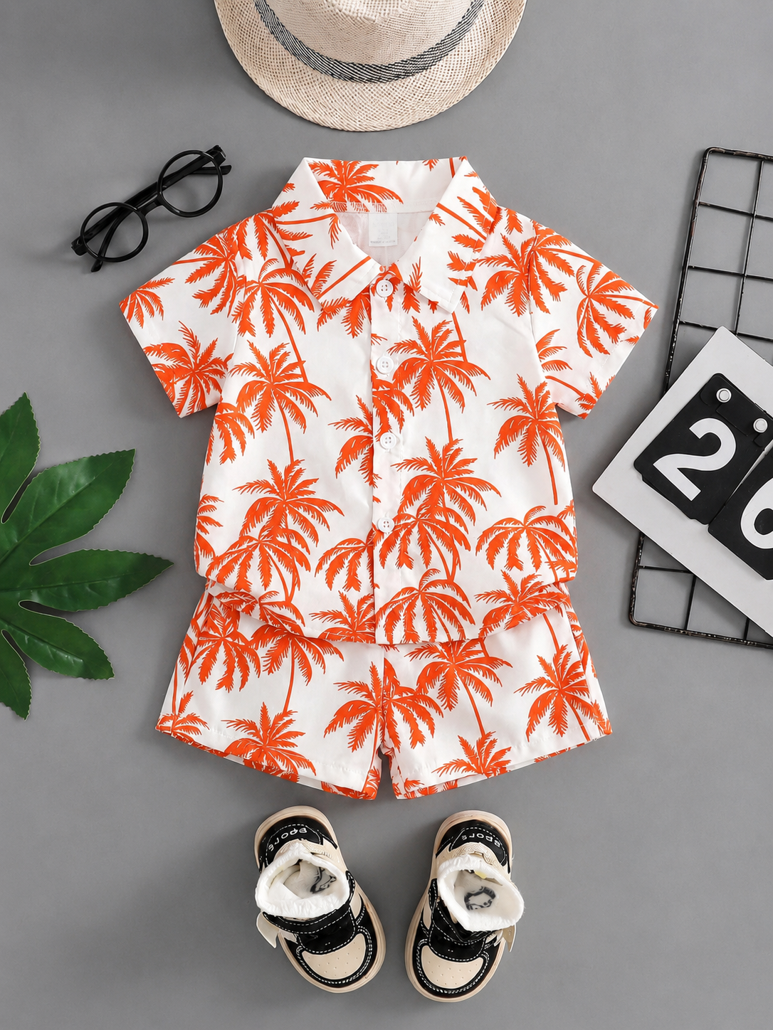 2pcs/Set Baby Boy Tropical Plant Pattern Vacation Outfit (6M-3T)