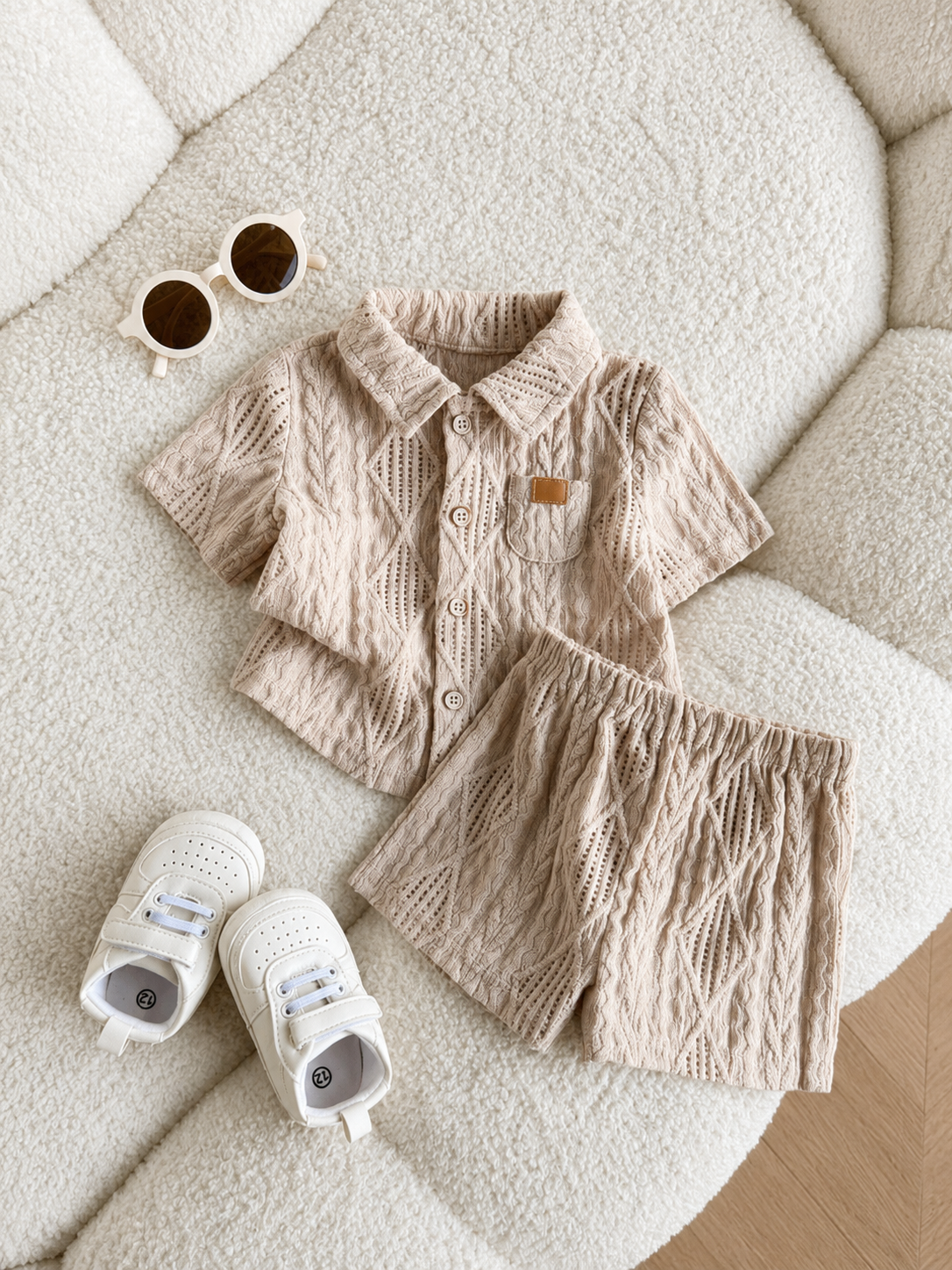 Baby Boy 2pcs Knit Jacquard Summer Set - Short Sleeve Shirt & Elastic Shorts