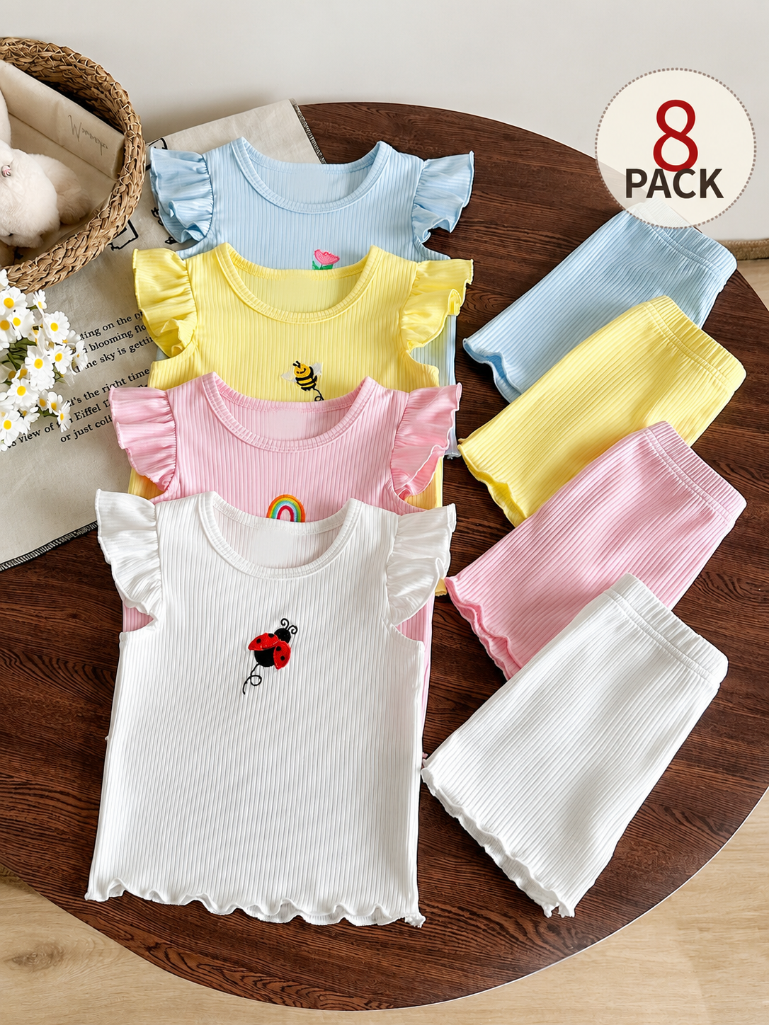 8-Piece Multi-Color Ribbed Short Sleeve Top and Shorts Set for Baby Girls