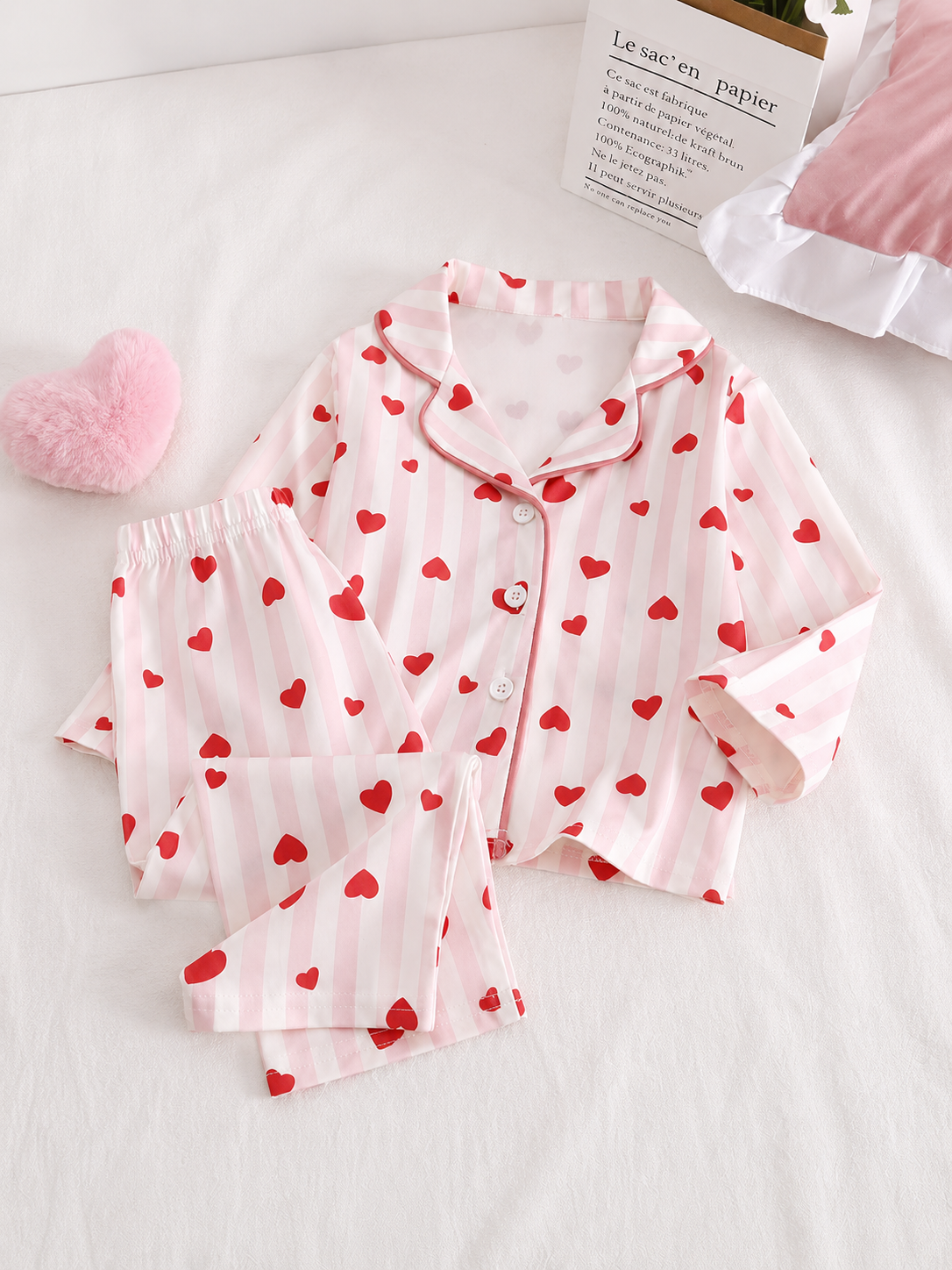 Baby Girl Heart and Stripe Print Long Sleeve Top and Pants Pajama Set - Fall Winter Outfits for Toddlers