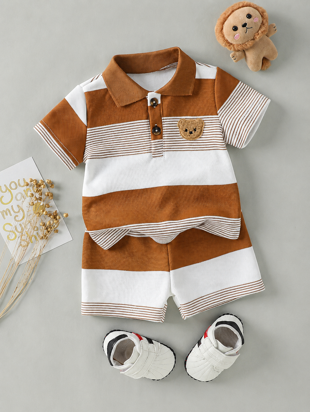 Infant Boys Casual Striped Short Sleeve Polo and Shorts Set with Bear Embroidery