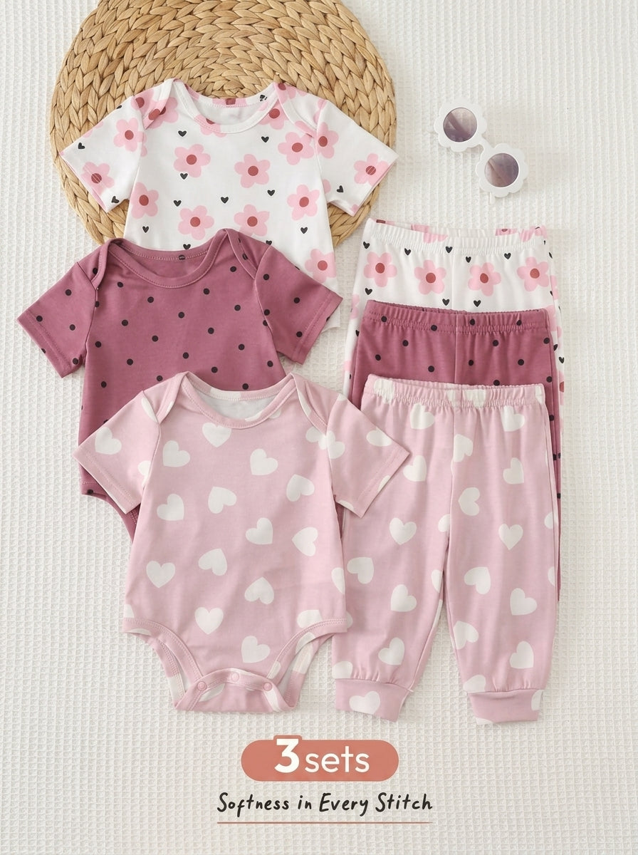 6pcs Baby Romper and Pants Set with Colorblock Stripes and Star Pattern for Spring and Summer