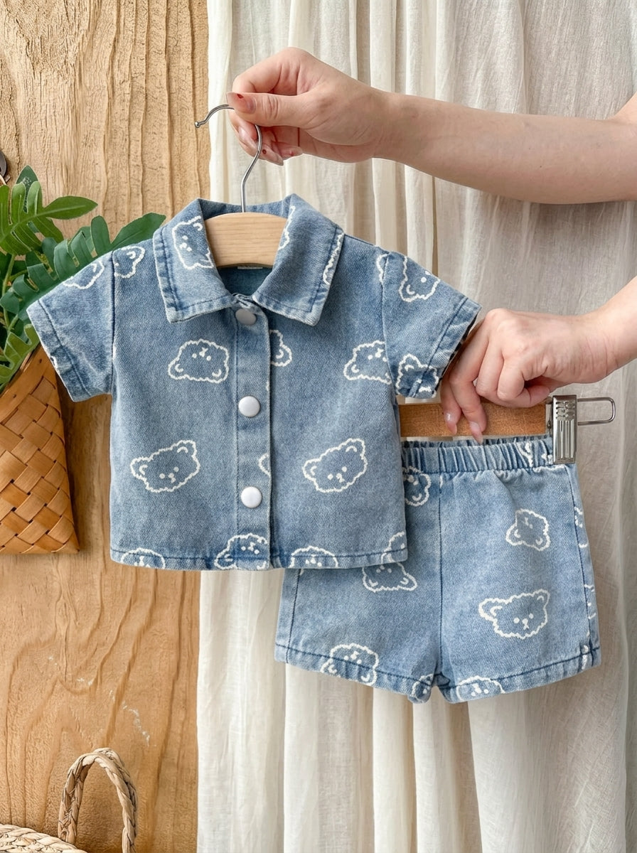 2PCS Baby Boy Bear Print Denim Collar Outfit Set for Cute Summer Daily Wear