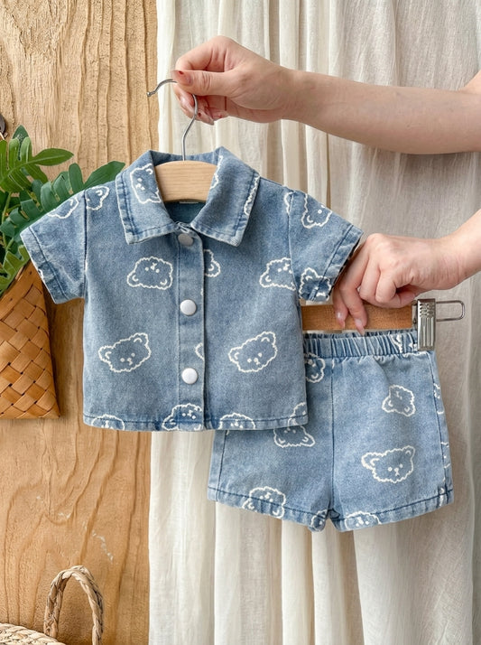 2PCS Baby Boy Bear Print Denim Collar Outfit Set for Cute Summer Daily Wear