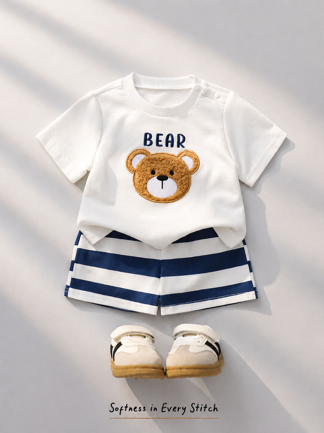 Newborn Boy & Girl Summer Knit Outfit -Cute Cartoon Bear Striped Shirt & Shorts Set