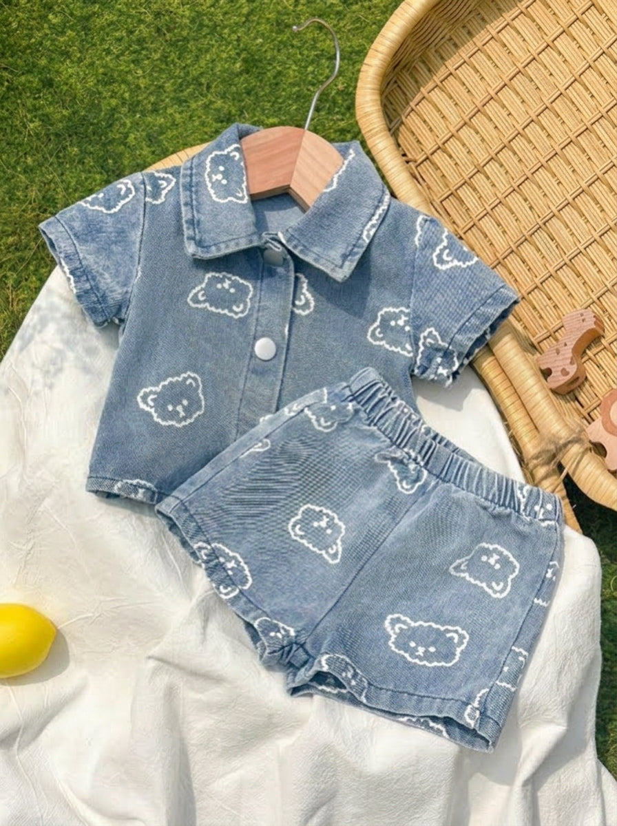 2PCS Baby Boy Bear Print Denim Collar Outfit Set for Cute Summer Daily Wear
