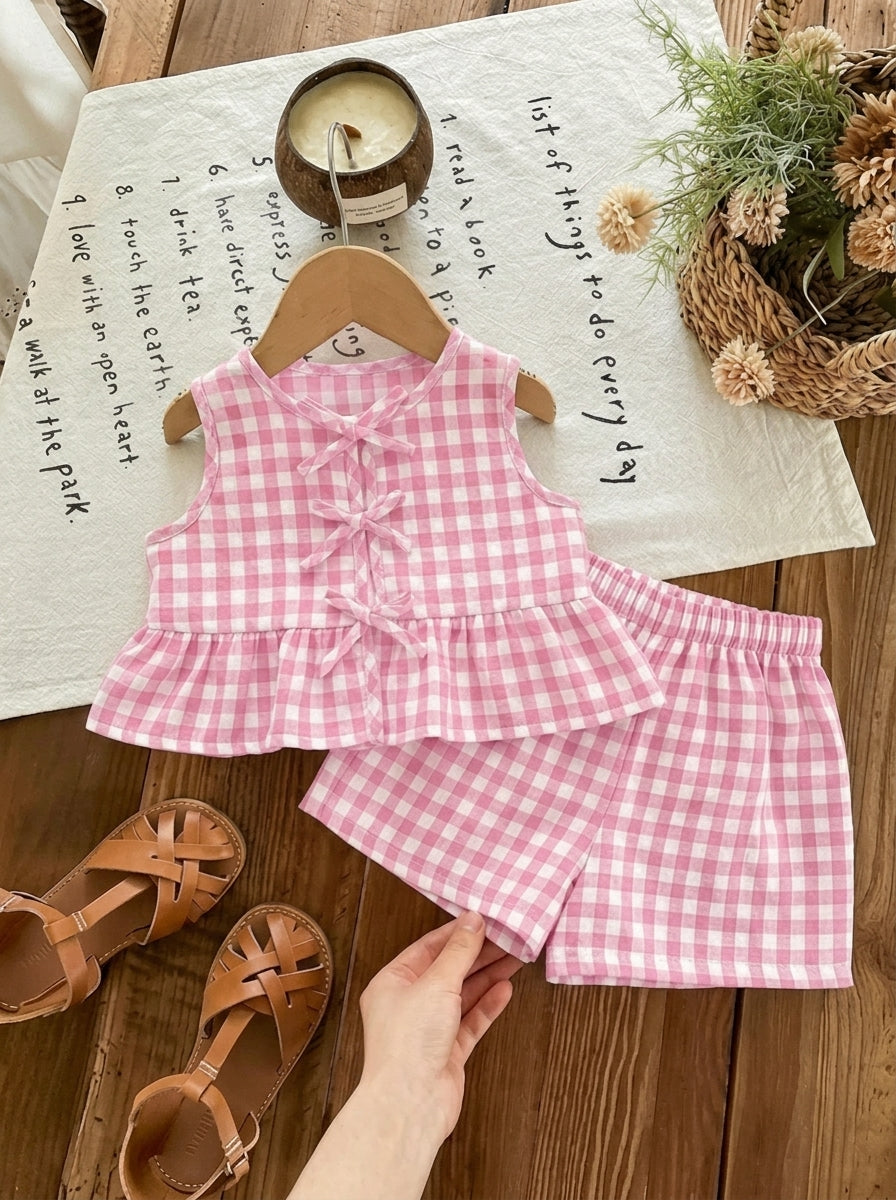 Plaid Bow Decor Outfit Set For Baby Girls Cute Ruffle Hem Summer Wear