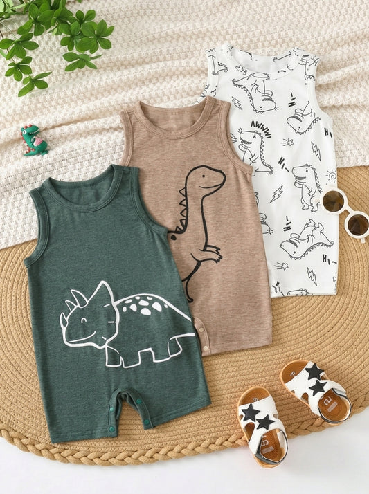 Unisex Dinosaur Print Sleeveless Romper Set For Toddlers Spring Summer Wear