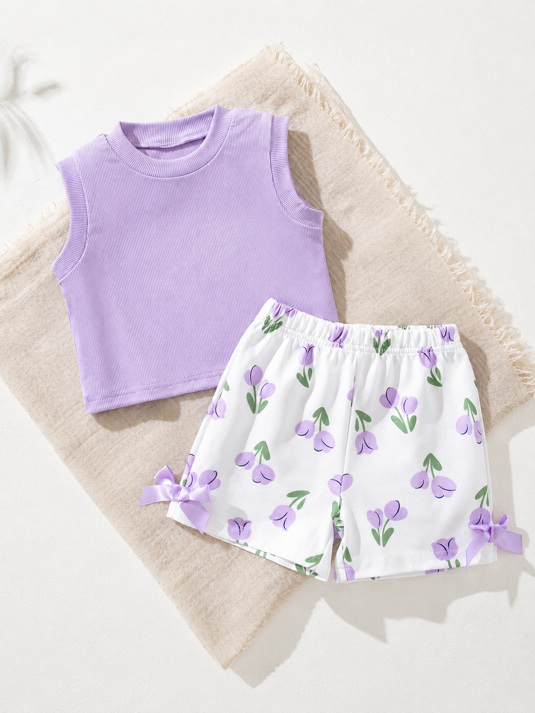 Baby Girl 2pcs Summer Blue Textured Top & Plaid Shorts Outfit