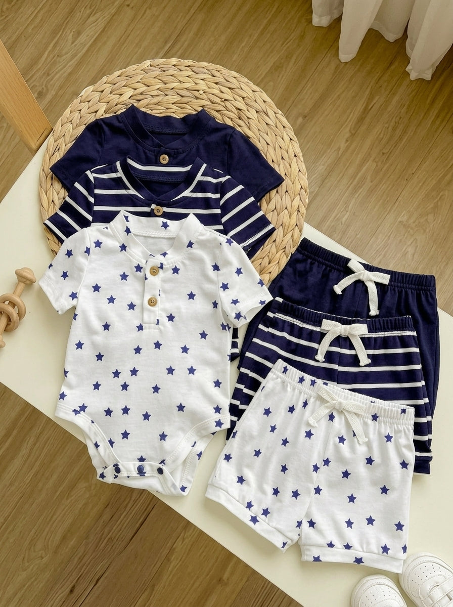 Striped Bodysuit and Shorts 4 Piece Outfit Set for Cute Summer Daily Wear