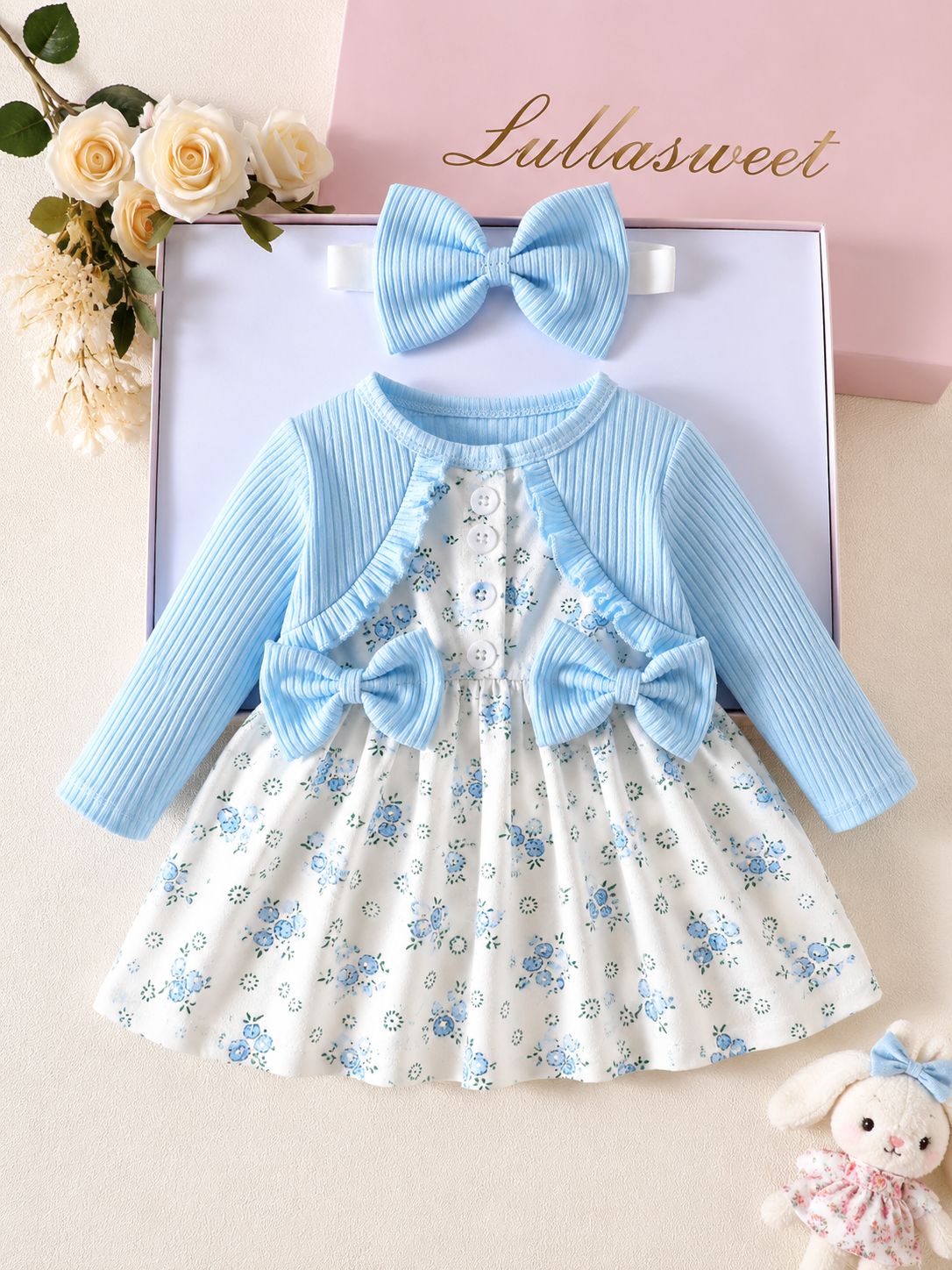 Baby Girl Floral Patchwork Dress & Headband Set - Sweet Pink Autumn Outfit