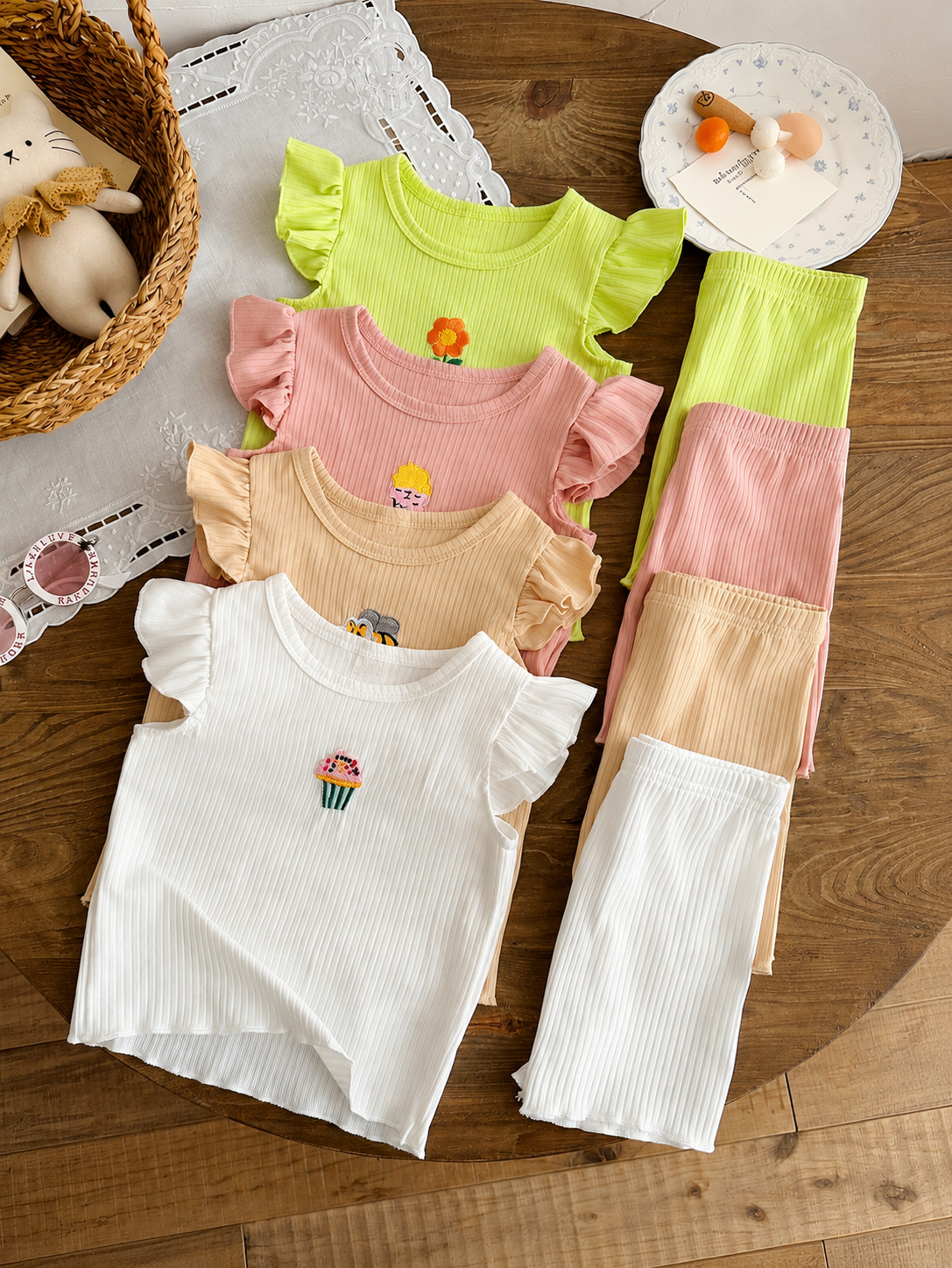 8-Piece Multi-Color Ribbed Short Sleeve Top and Shorts Set for Baby Girls