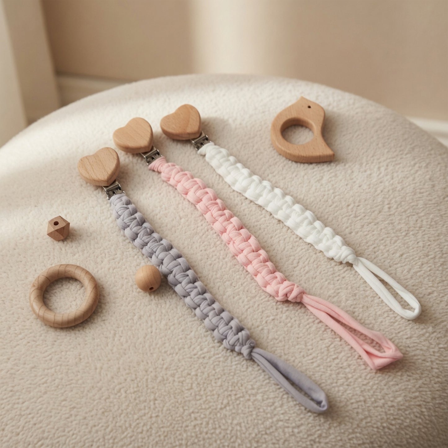 Personalized Wooden Baby Pacifier Clip - Custom Name Cloth Weaving Dummy Holder - Safe Newborn Teether Pendant Gift