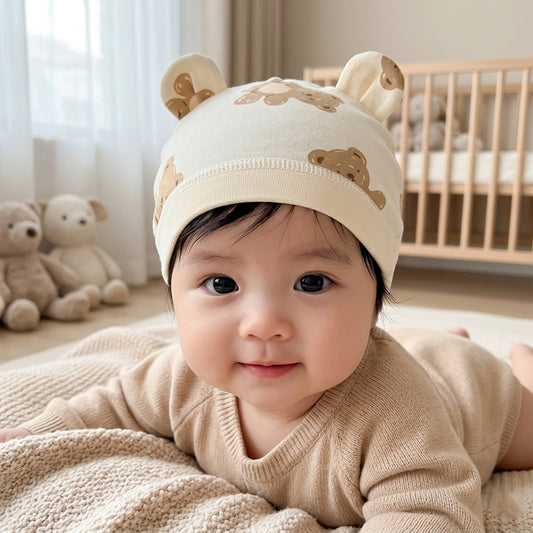 Baby Muslin Beanie Cap - Windproof Newborn Headwear - Soft Cartoon Bear Hat for Infants 0-3 Months