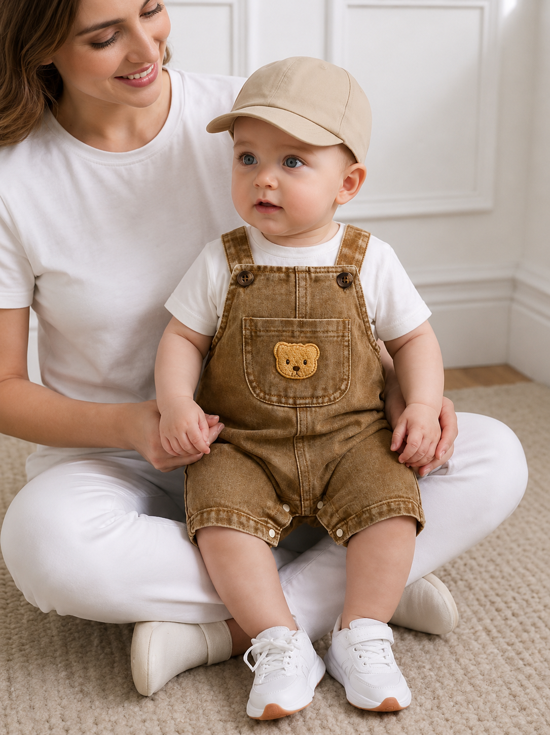 Playful Pals Baby Boy Bear Embroidery Romper - Summer Casual Pocket Jumpsuit