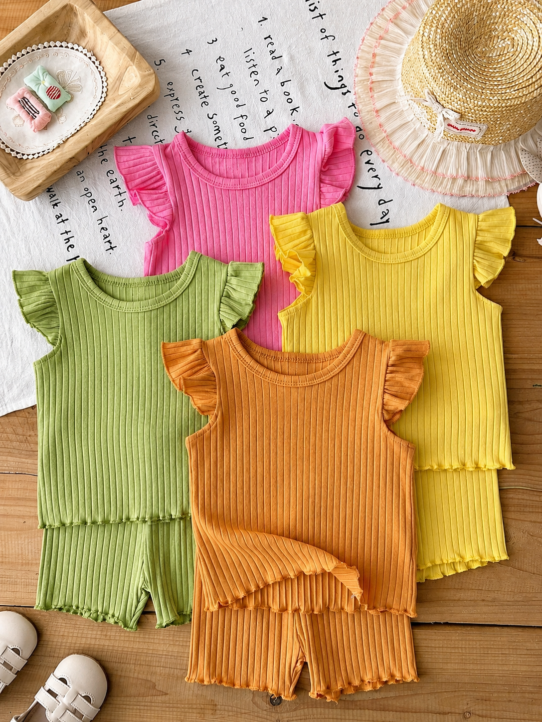 8-Piece Multi-Color Ribbed Short Sleeve Top and Shorts Set for Baby Girls