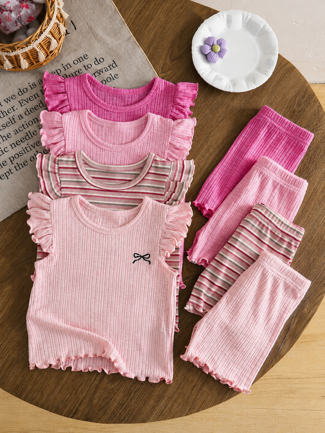 8-Piece Multi-Color Ribbed Short Sleeve Top and Shorts Set for Baby Girls