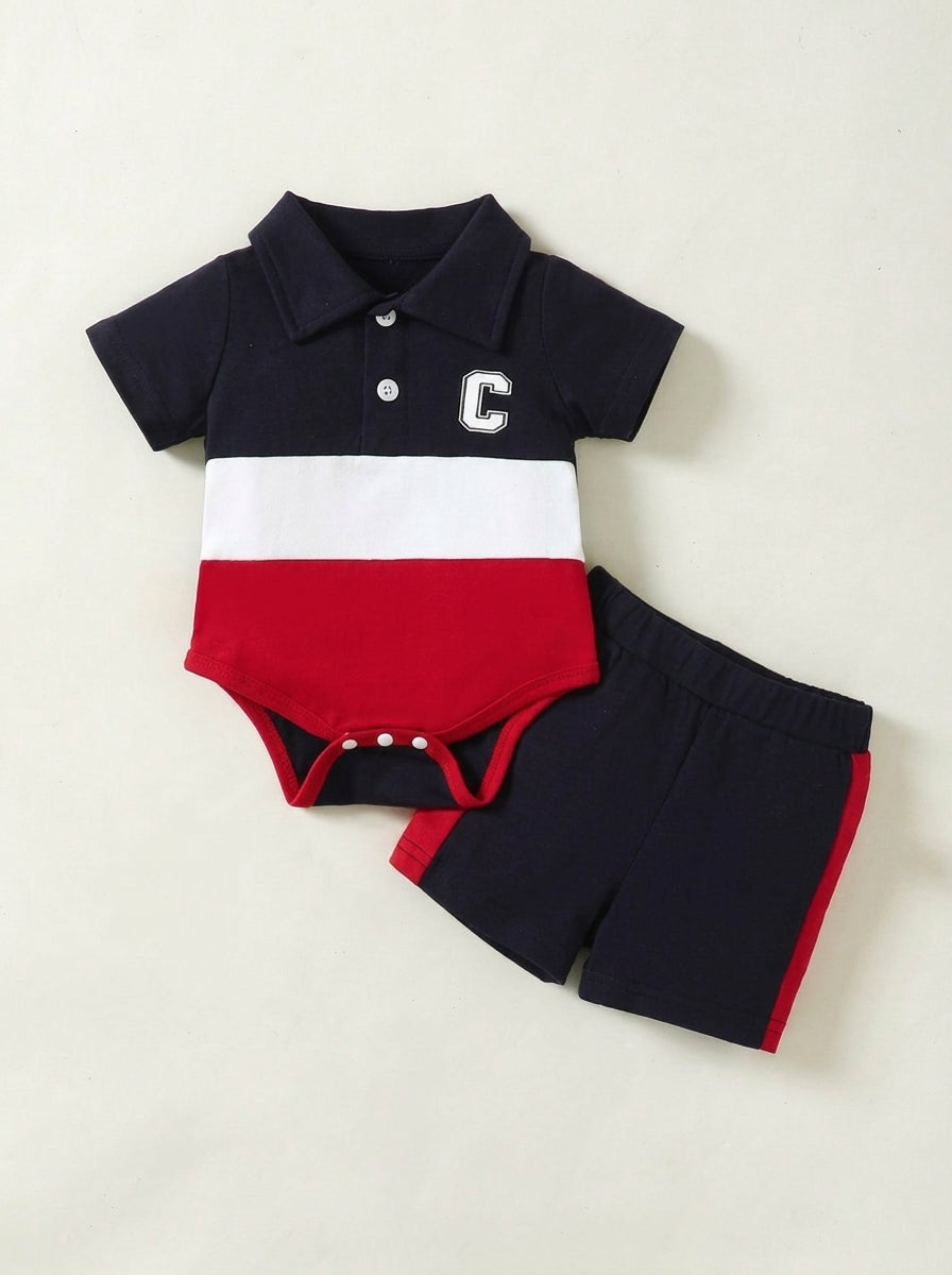 Baby Boys Colorblock Polo Collar Bodysuit and Shorts Set for Casual Summer Wear