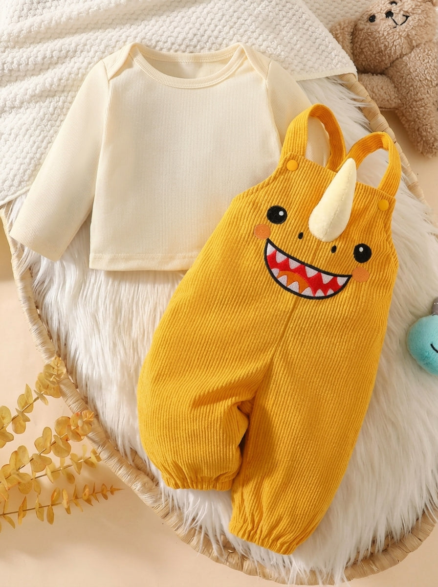 Corduroy Overalls Long Sleeve T Shirt and Dragon Hat Outfit Set for Cute Autumn Daily Wear