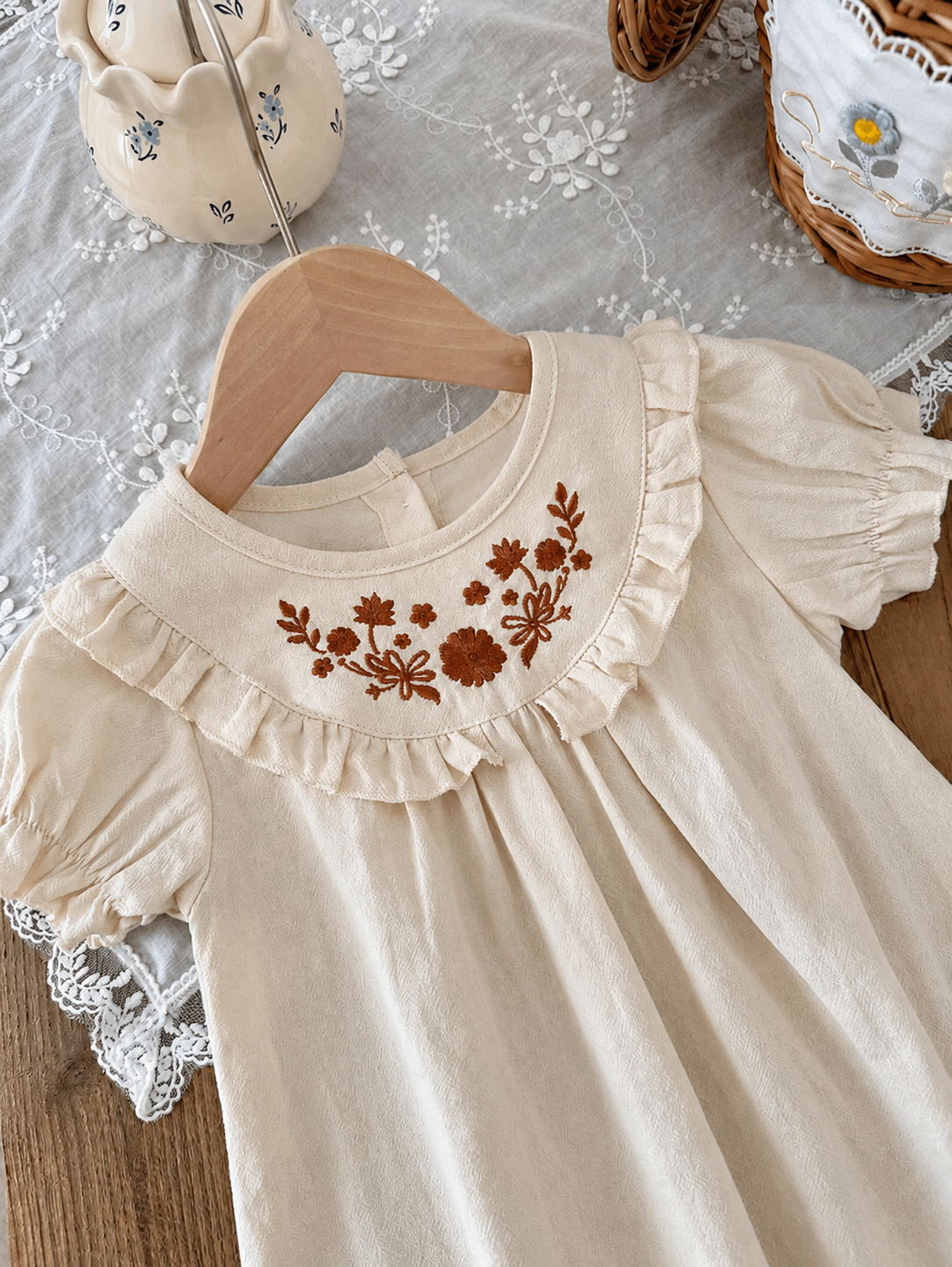 Infant Girl Peter Pan Collar Floral Embroidered Summer Dress for Casual Wear