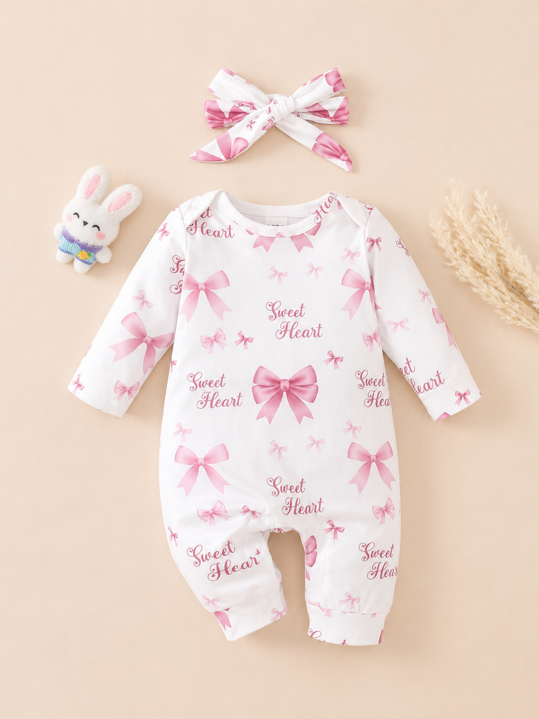 Sweet Heart Bow Print Jumpsuit for Baby Girls - 2-Piece Set with Headband Accessory