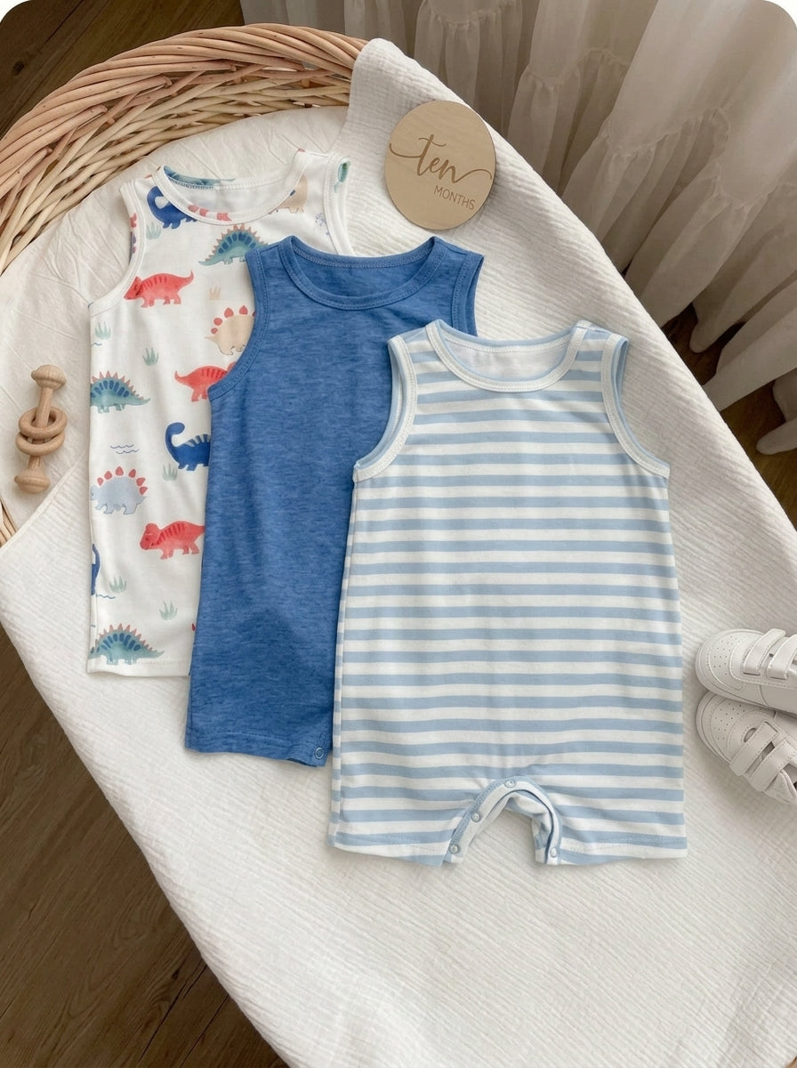Unisex Dinosaur Print Sleeveless Romper Set For Toddlers Spring Summer Wear