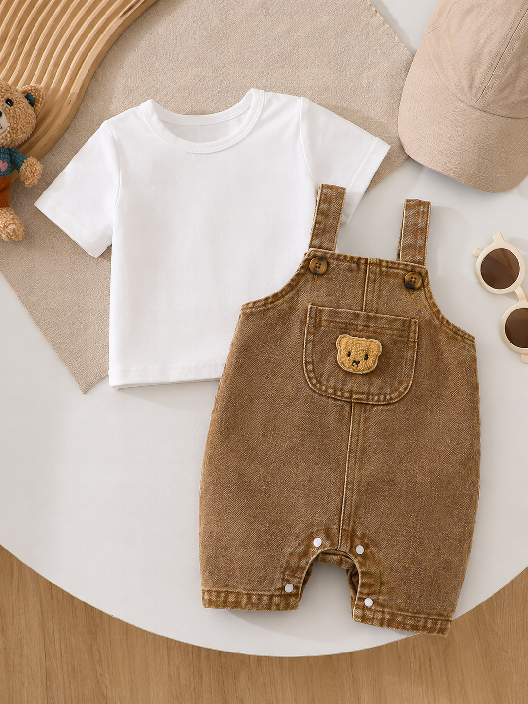 Playful Pals Baby Boy Bear Embroidery Romper - Summer Casual Pocket Jumpsuit