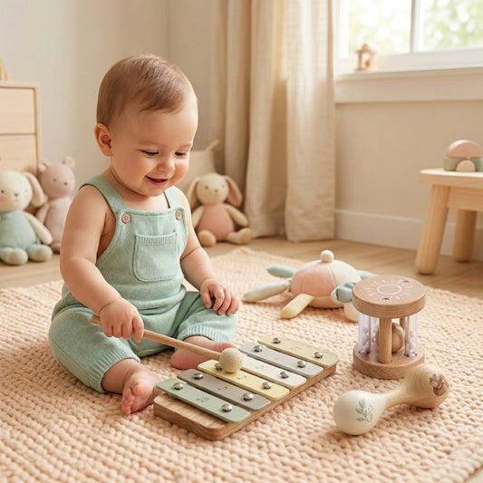 Baby Wooden Musical Instrument - Xylophone & Drum Activity Toys - Early Sensory Learning Gift for Babies