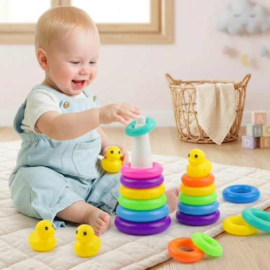 Baby Rainbow Stacking Toy - Yellow Duck Circle Tower - Lightweight & Safe Plastic Early Education Set