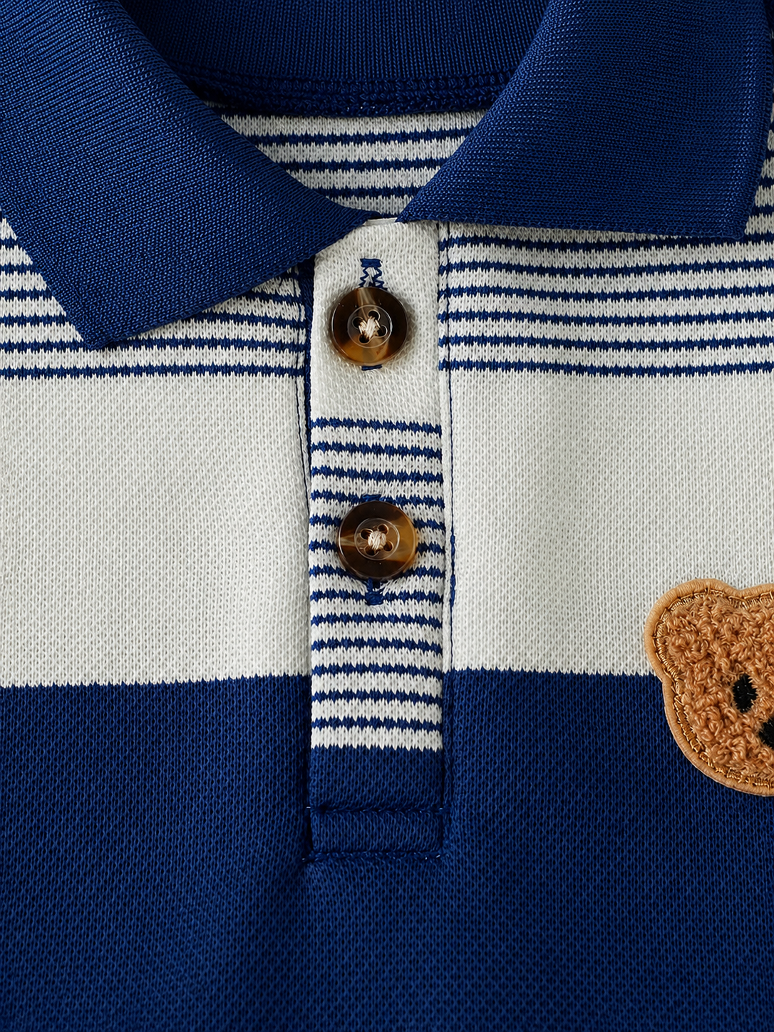 Infant Boys Casual Striped Short Sleeve Polo and Shorts Set with Bear Embroidery