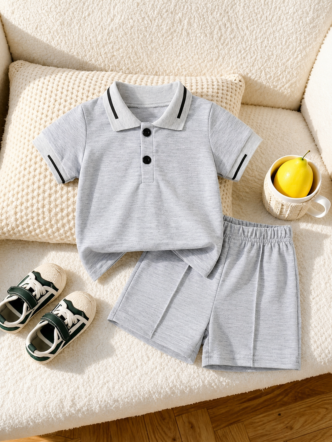 Playful Pals Baby Boy Khaki OOTD: Textured V-Neck and Striped Outfit