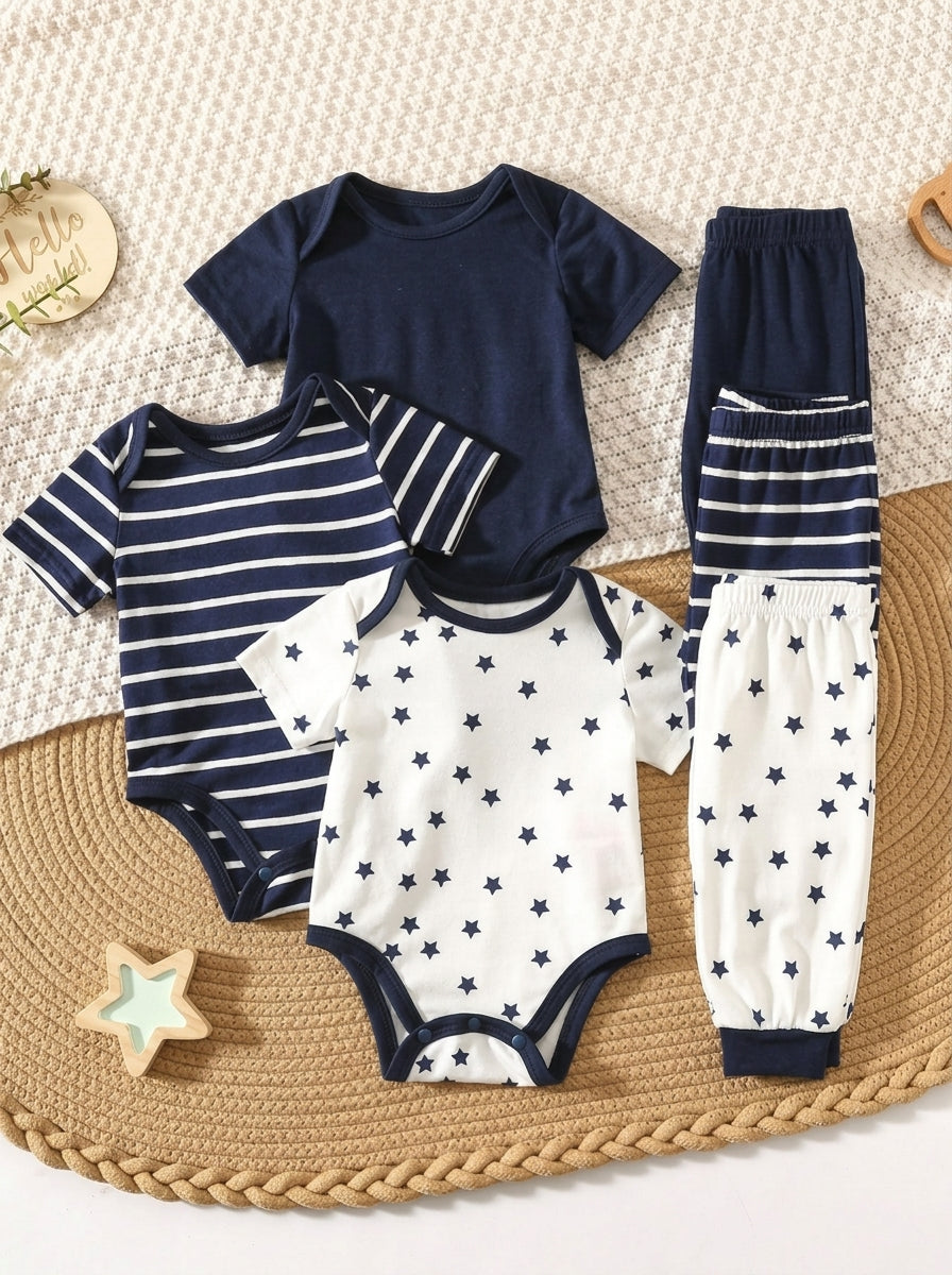 6pcs Baby Romper and Pants Set with Colorblock Stripes and Star Pattern for Spring and Summer