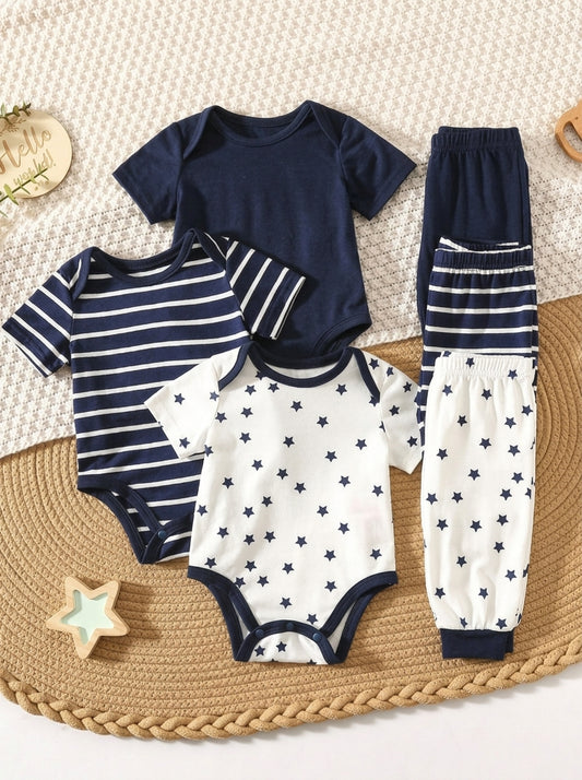 6pcs Baby Romper and Pants Set with Colorblock Stripes and Star Pattern for Spring and Summer
