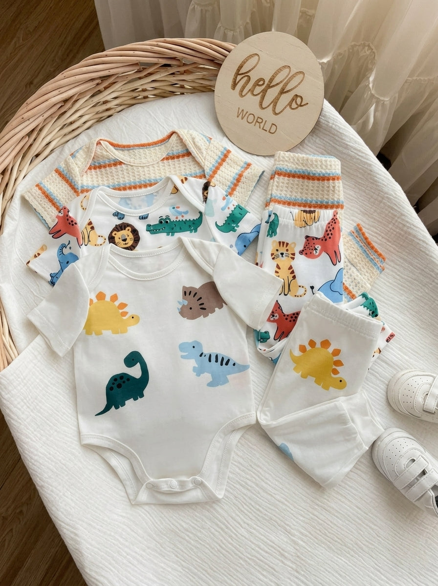 6pcs Baby Romper and Pants Set with Colorblock Stripes and Star Pattern for Spring and Summer