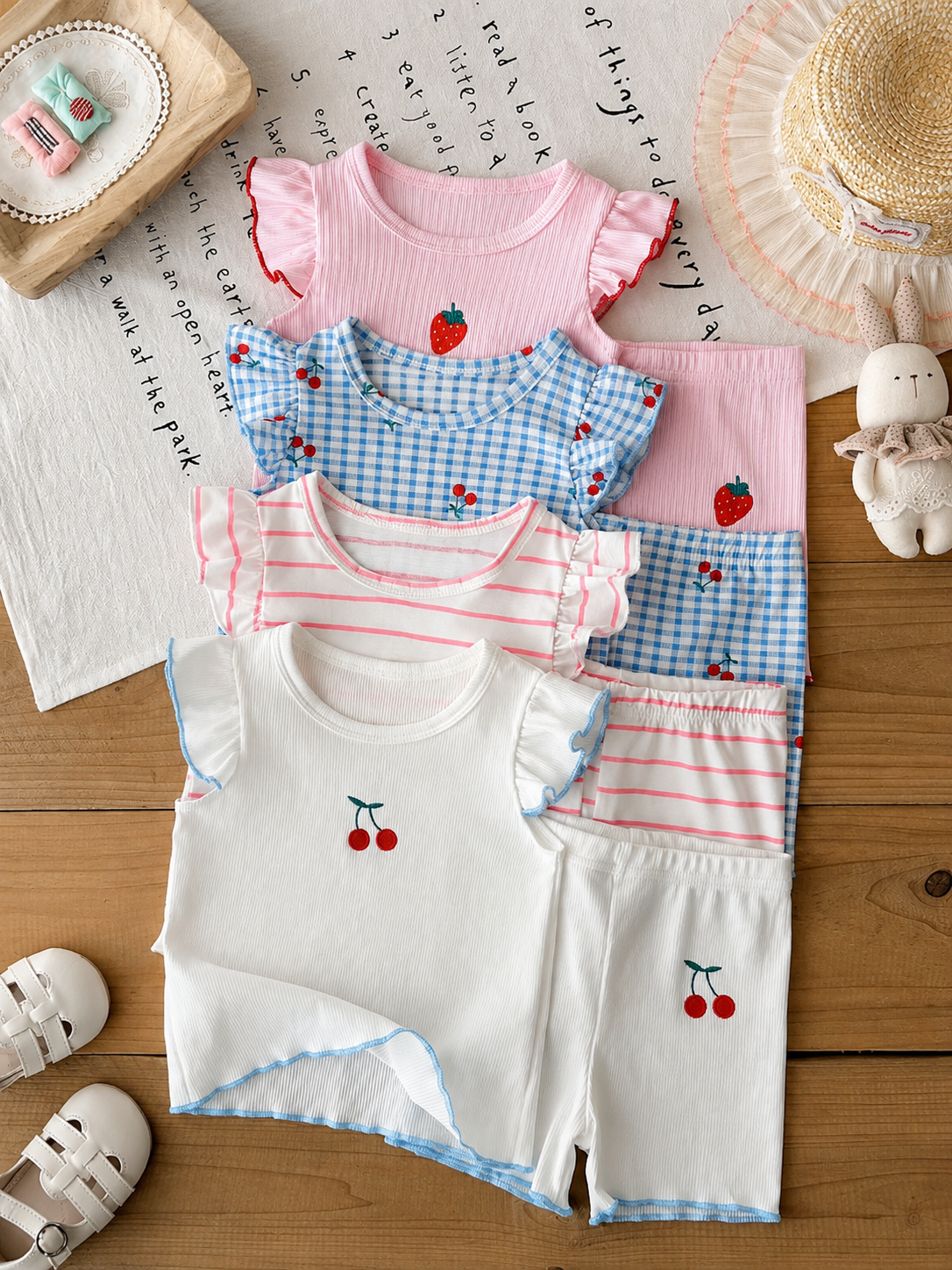 8-Piece Multi-Color Ribbed Short Sleeve Top and Shorts Set for Baby Girls