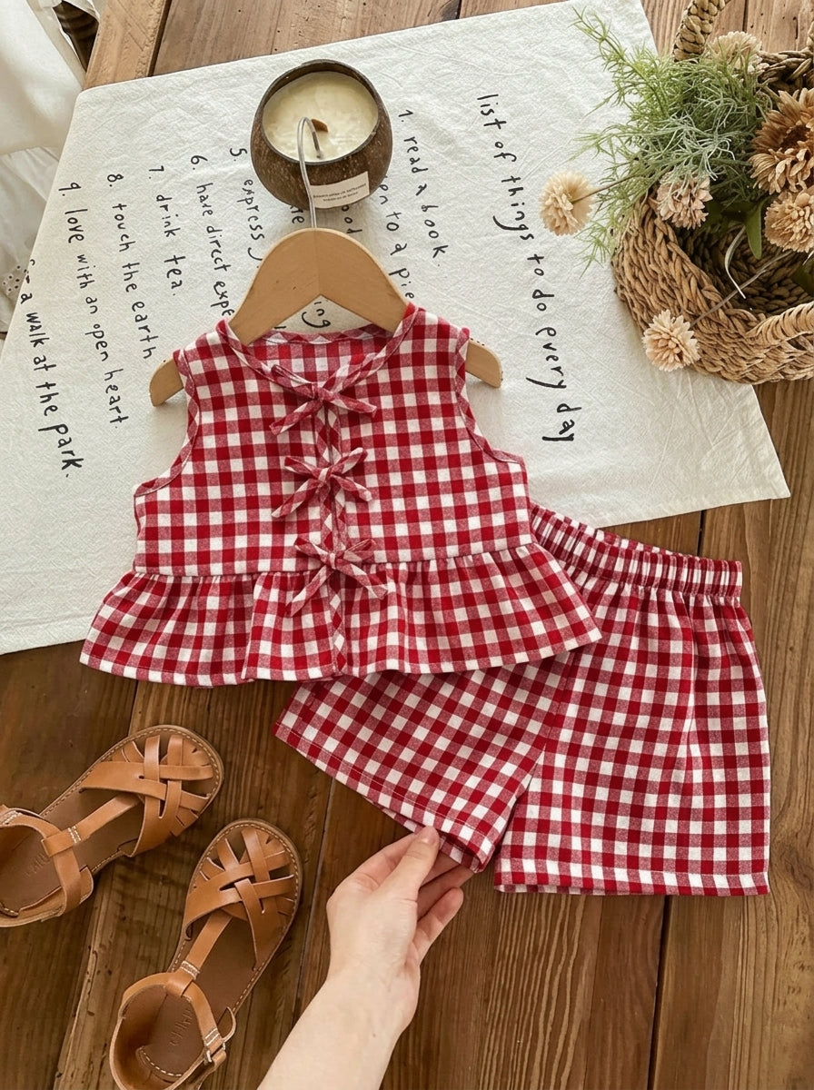 Plaid Bow Decor Outfit Set For Baby Girls Cute Ruffle Hem Summer Wear