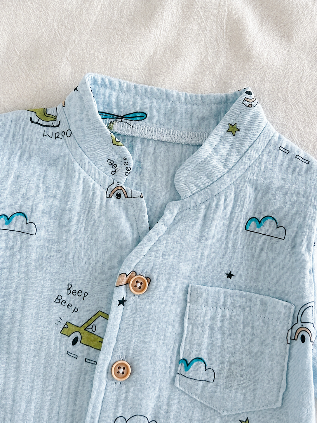 Toddler Boy Summer Vacation Outfit: Plant Print Shirt and Elastic Waist Shorts