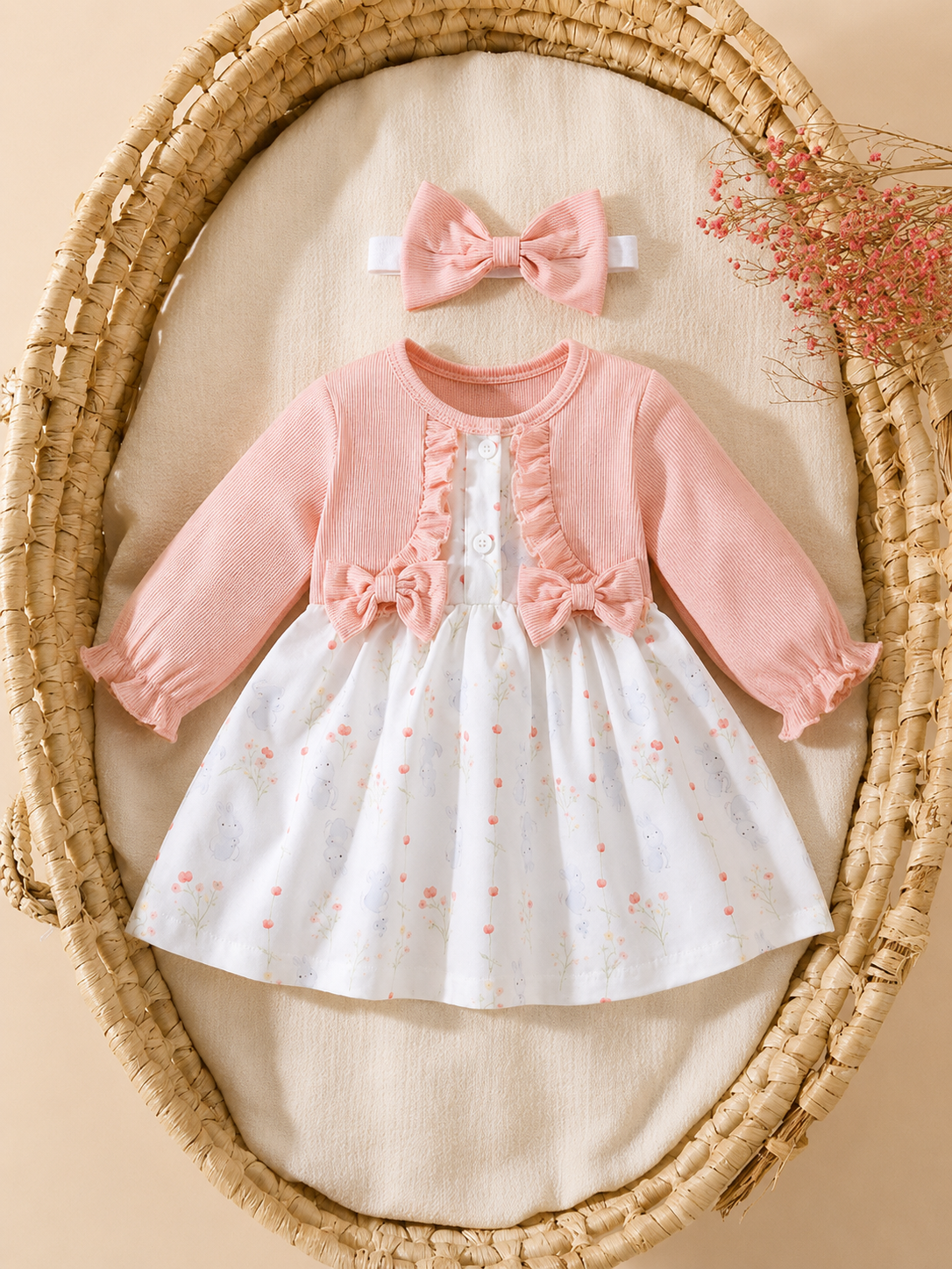 Baby Girl Floral Patchwork Dress & Headband Set - Sweet Pink Autumn Outfit