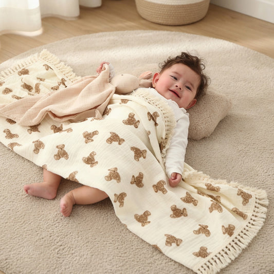 Cute Bear Plaid Muslin Baby Blanket - 100% Cotton Soft Swaddle - Breathable Summer Comforter for Newborns & Infants