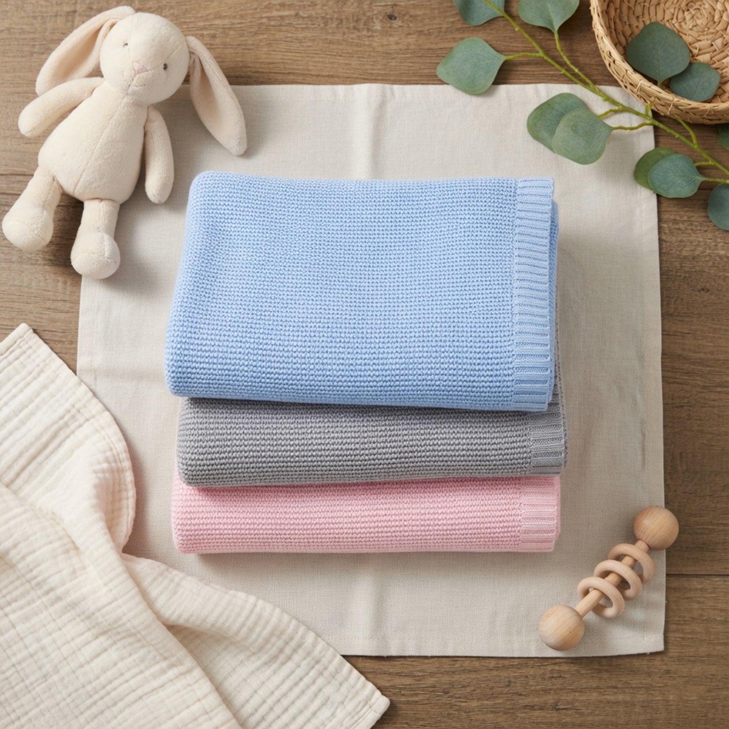 Personalized Baby Blanket - Custom Embroidered Name - Breathable Cotton Knitted Stroller Blanket & Swaddle