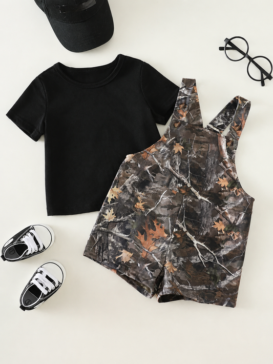 2-Piece Toddler Boy Outfit: Black Graphic T-Shirt and Camo Bib Shorts