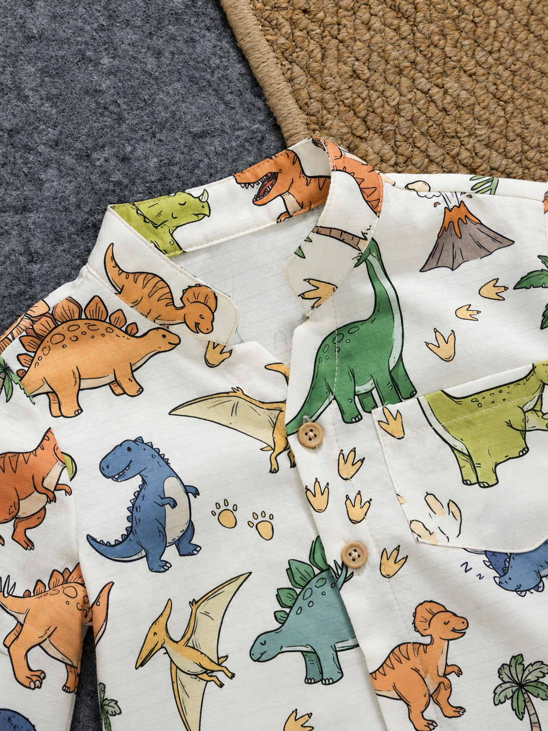 Toddler Boy Summer Vacation Outfit: Plant Print Shirt and Elastic Waist Shorts
