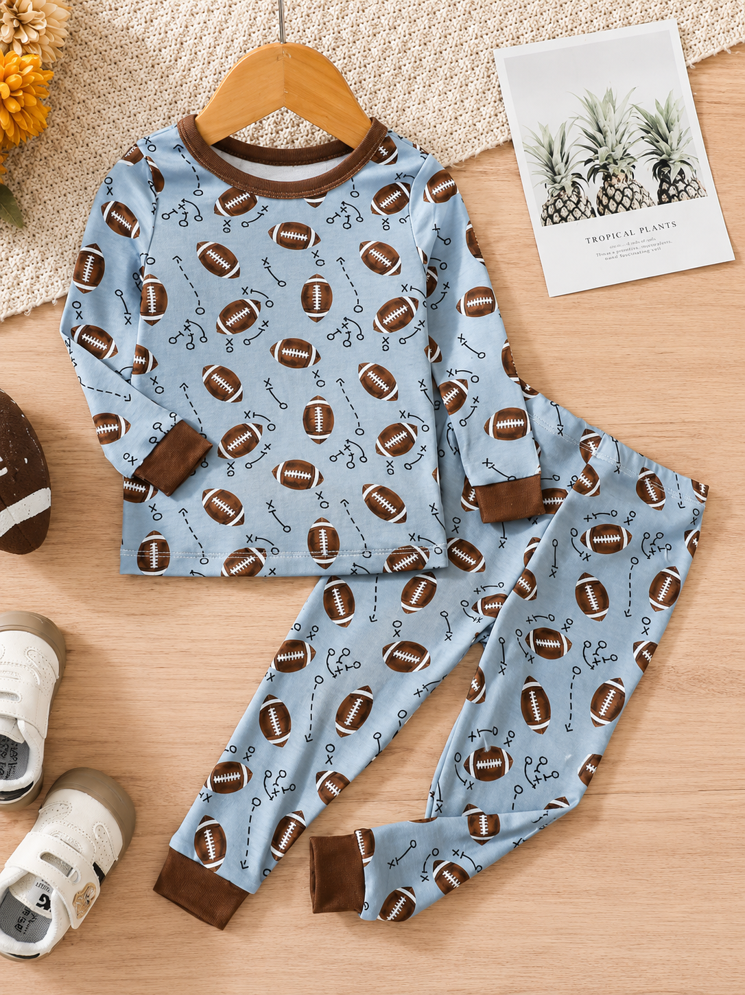 Baby Boy Football Allover Print Long Sleeve Top and Leggings 2 Piece Pajama Set