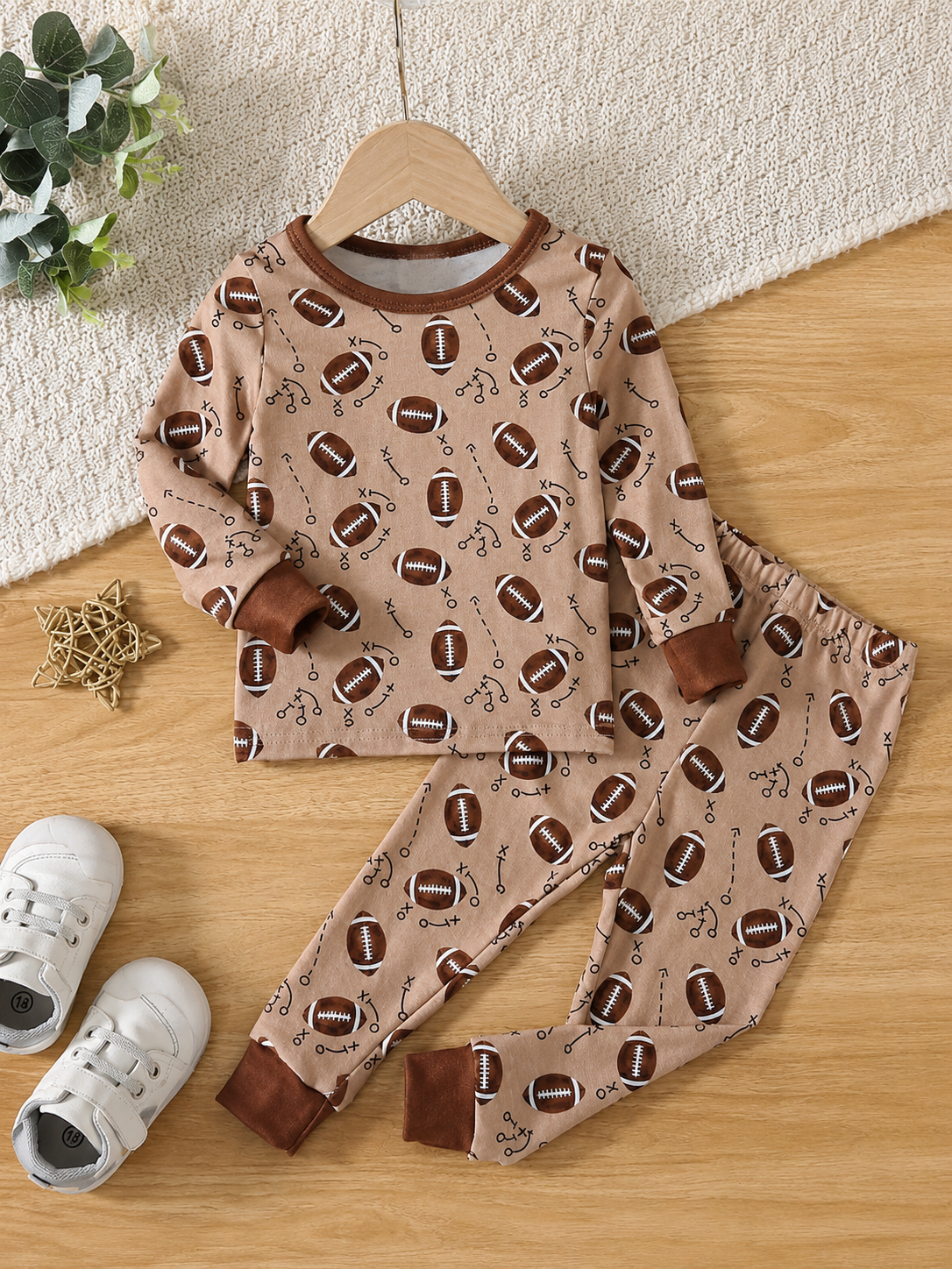 Baby Boy Football Allover Print Long Sleeve Top and Leggings 2 Piece Pajama Set